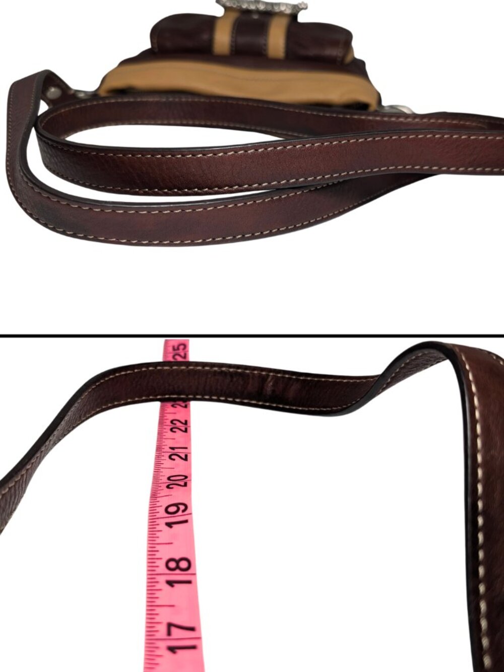 b.makowsky Brown Tan Leather Color Block Chunky Buckle Zip Crossbody w/Pockets - Picture 7 of 11